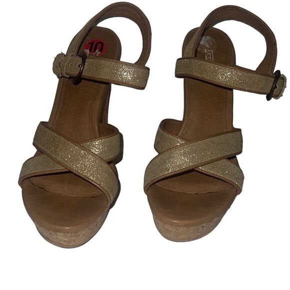 Ugg Jazmine Metallic Chestnut Gold Coast Cork Wedge Sandals Adjustable Sz 10 - Picture 5 of 9